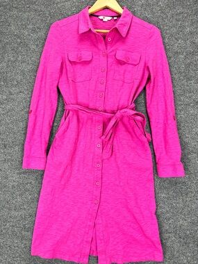Boden Button Down Tie Waist Dress Women 6L Pink Cotton Knee Length Long Sleeve
